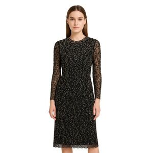Vintage Beaded Sequin Lace Evening Gown‎ Black Gold Long Sleeve Midi/Tea Dress S
